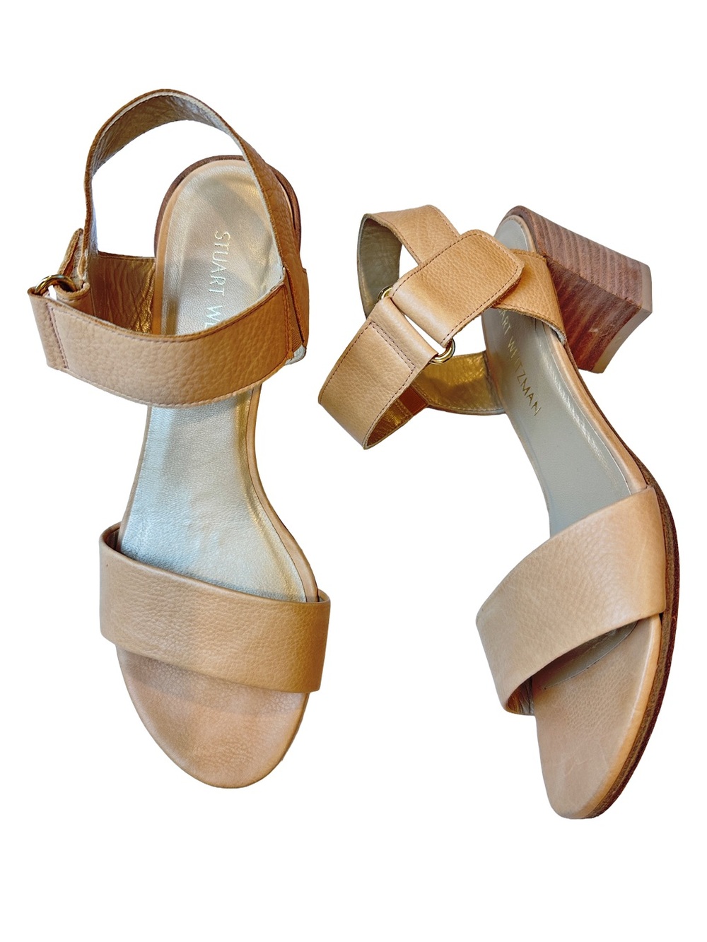 Stuart Weitzman Broadband  Leather Slingback Sandal Neutral Stacked Heel 9